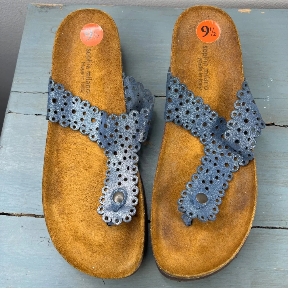 Sophia Milano Blue Laser Cut Floral Cork Wedge Thong Sandals Made in Italy 9.5